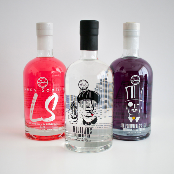 Lady Sophia Strawberry hibiscus gin, Williams London Dry in, Sir Periwinkle's gin from Hawke Prohibition Distilleries in Sherwood Park Alberta